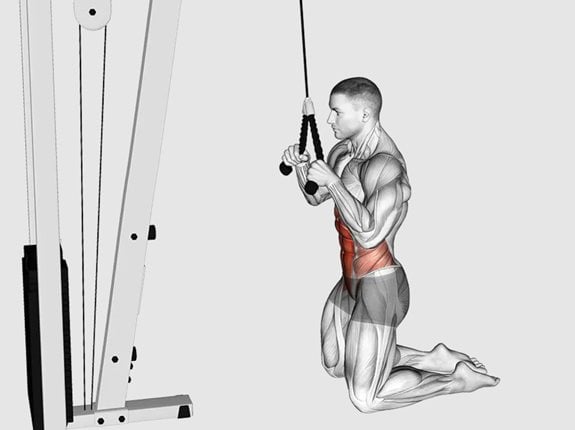 sklony brzucha przy uzyciu linek wyciagu gornego stojac lub w pozycji kleczacej